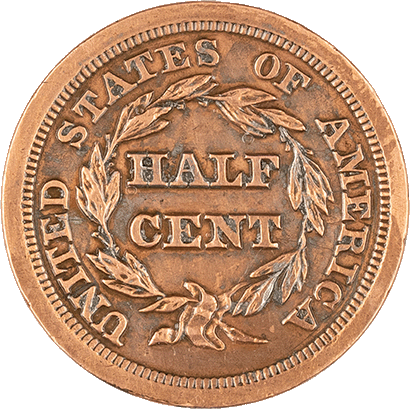 Reverse side of the 1854 Braided Hair Half Cent coin engraved with 'United States of America' and 'Half Cent.'