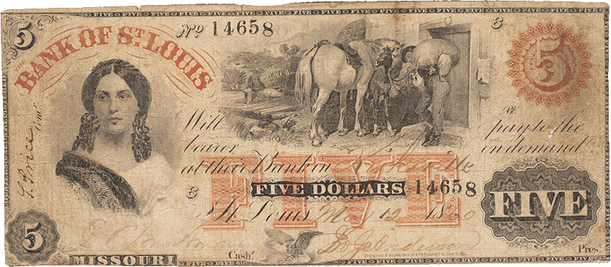 Front side of the 1860 Bank of St. Louis $5 bill.