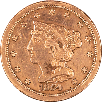 Front side of the 1854 Braided Hair Half Cent coin.