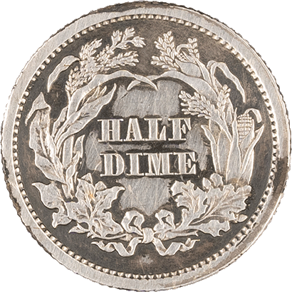 Reverse side of the 1860 Seated Liberty Half Dime coin with 'Half Dime' in the center.
