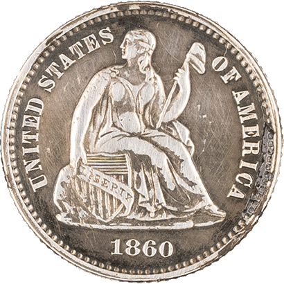Front side of the 1860 Seated Liberty Half Dime coin engraved with 'United States of America' and '1860.'