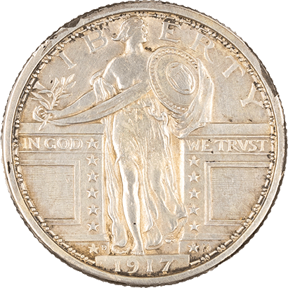 Front side of the 1917 Walking Liberty Half Dollar coin engraved with 'Liberty' and '1917.'